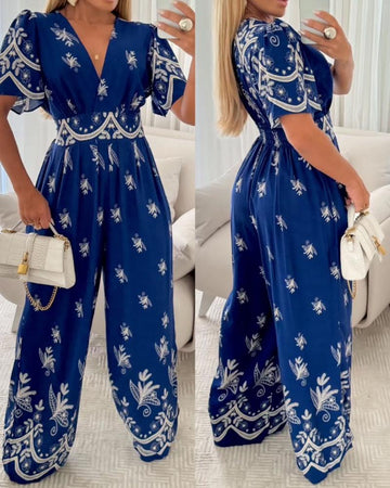 Floral Print Flutter Sleeve V Neck Maxi Wide Leg Jumpsuit Casual Overalls